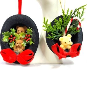 Two Vintage Decorated Top Hat Ornaments Vtg Handmade